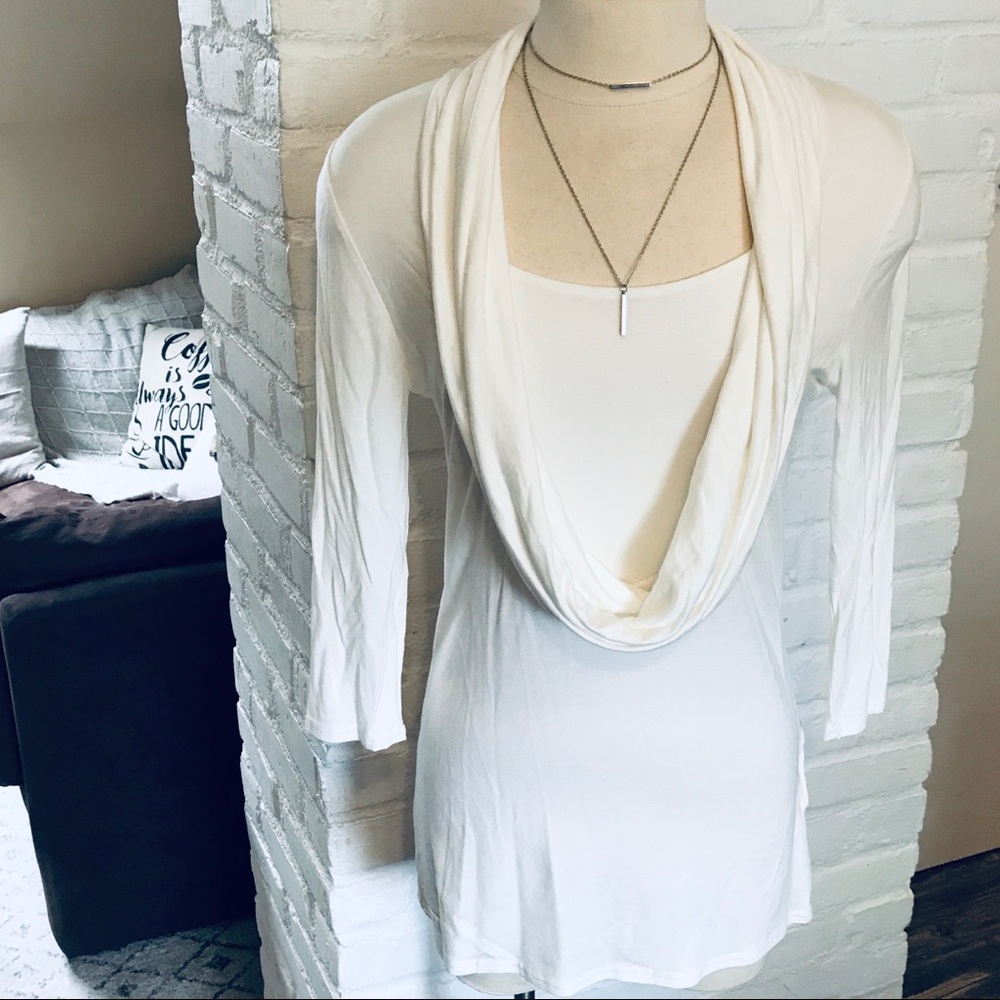 Cowl neck, 3/4 sleeve top with lace open back